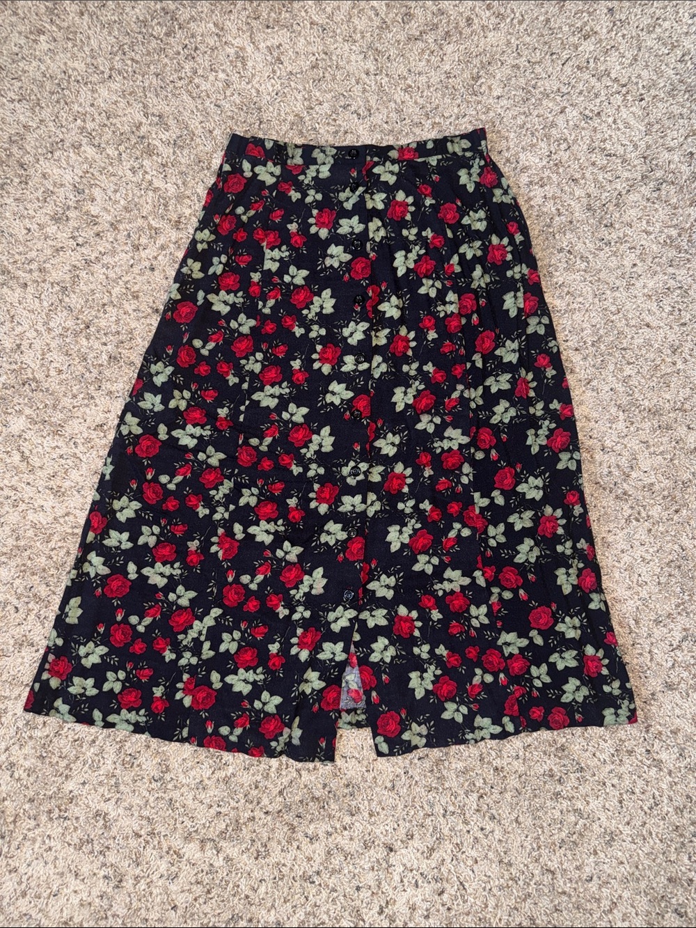 Vintage Black Floral Midi Skirt with Red Roses Large